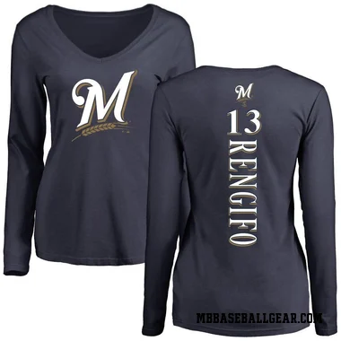 Navy Women's Luis Rengifo Milwaukee Brewers Backer Slim Fit Long Sleeve T-Shirt -